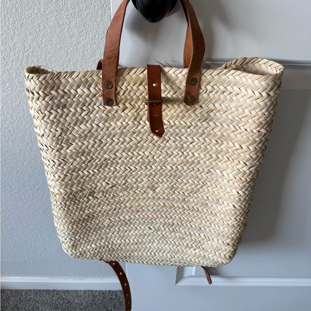Woven Straw Tote Bag with Tan Accents